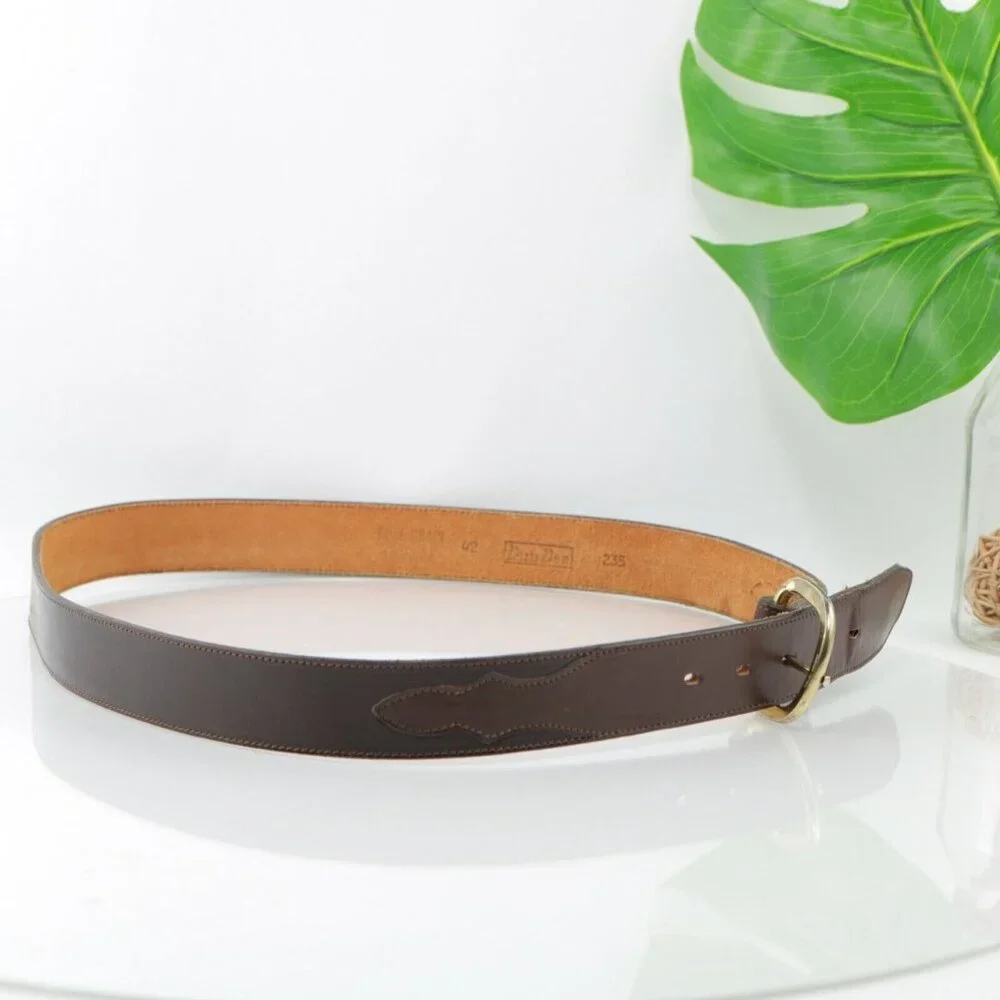 DunDee Mens Belt Size 42 Western Brown Leather Gold Tone Prong D-Ring Buckle